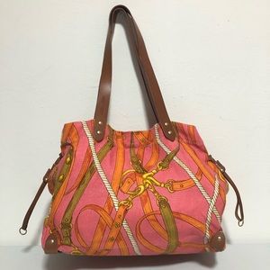 Miu Miu Pink Linen & Leather Equestrian Printed Tote